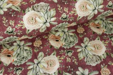 French Terry angeraut Rose & Echeveria auf Jeansoptik Beere
